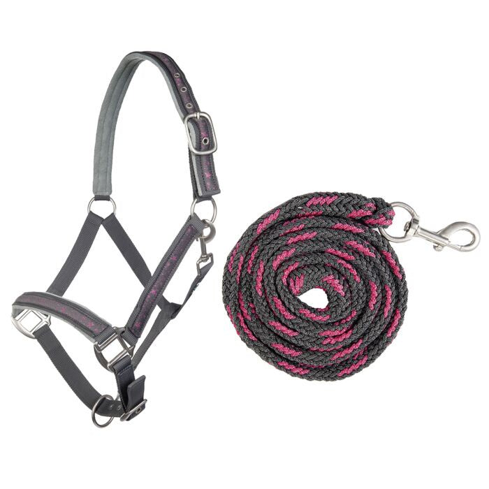 HKM Headcollar & Leadrope Set- Grey/ Rose