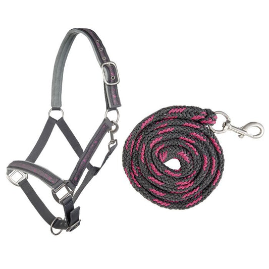 HKM Headcollar & Leadrope Set- Grey/ Rose