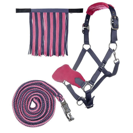 HKM Headcollar, Fly Fringe & Leadrope Set- grey/pink