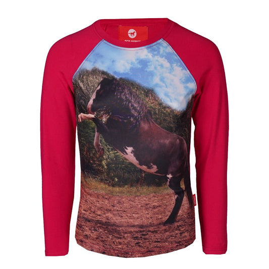 Red Horse Pixed Kids Long Sleeve T-shirt- Lipstick Pink