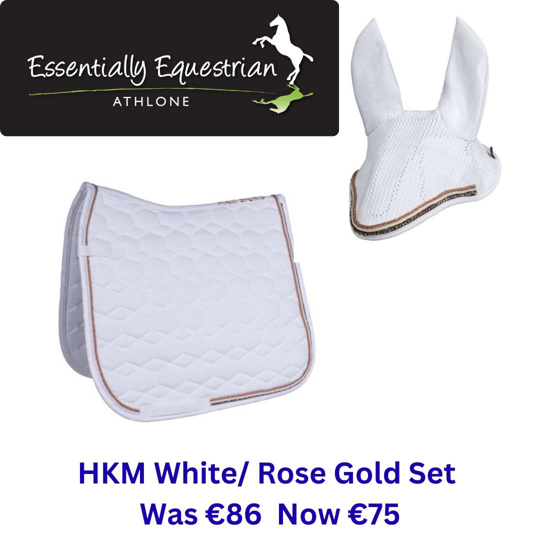 HKM Saddlecloth & Ear Bonnet Set- White/Rose Gold- Pony Size
