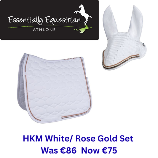 HKM Saddlecloth & Ear Bonnet Set- White/Rose Gold- Pony Size